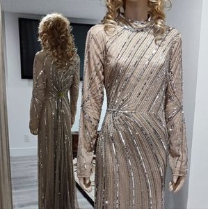 Champagne Color Beaded Evening Gala Gown